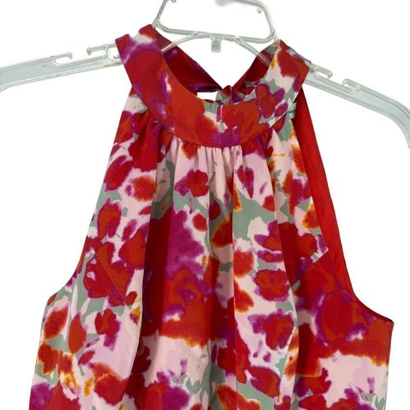 Beth Bowley Top Silk Floral Halter Womens Size 4 High Neck Bow Peplum Resort Red - Picture 2 of 9